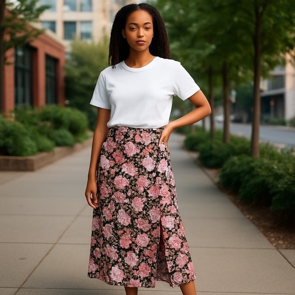 Originality Slip Skirt Juniors XL Floral Maxi High Slit Mesh Preppy - Picture 1 of 10